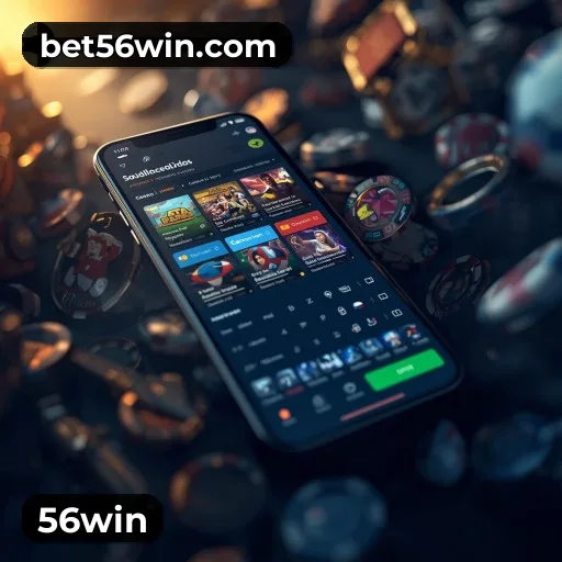 App 56win para iOS e Android — interface mobile, login biométrico e PIX integrado