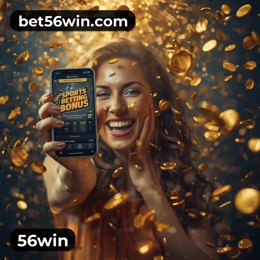 App 56win para iOS e Android — interface mobile, login biométrico e PIX integrado